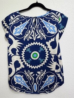 Anthropology Navy Printed Cap-Sleeve Blouse with Keyhole Neck